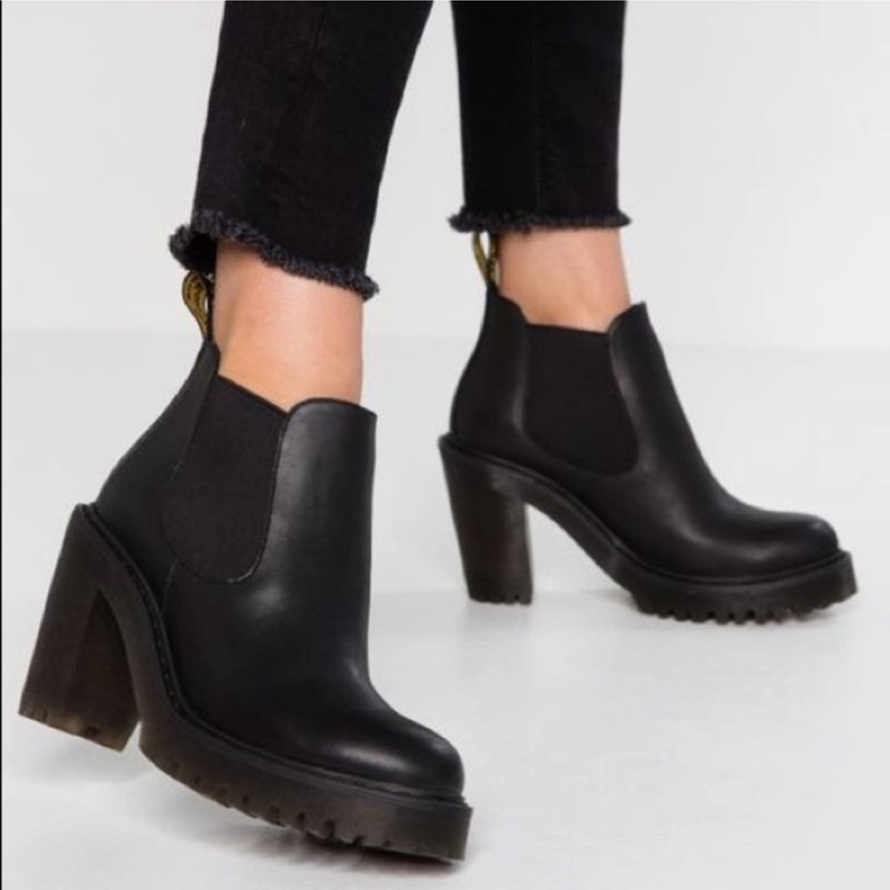 Dr. Martens Hurston heeled Chelsea booties black leather chunky minimalist goth